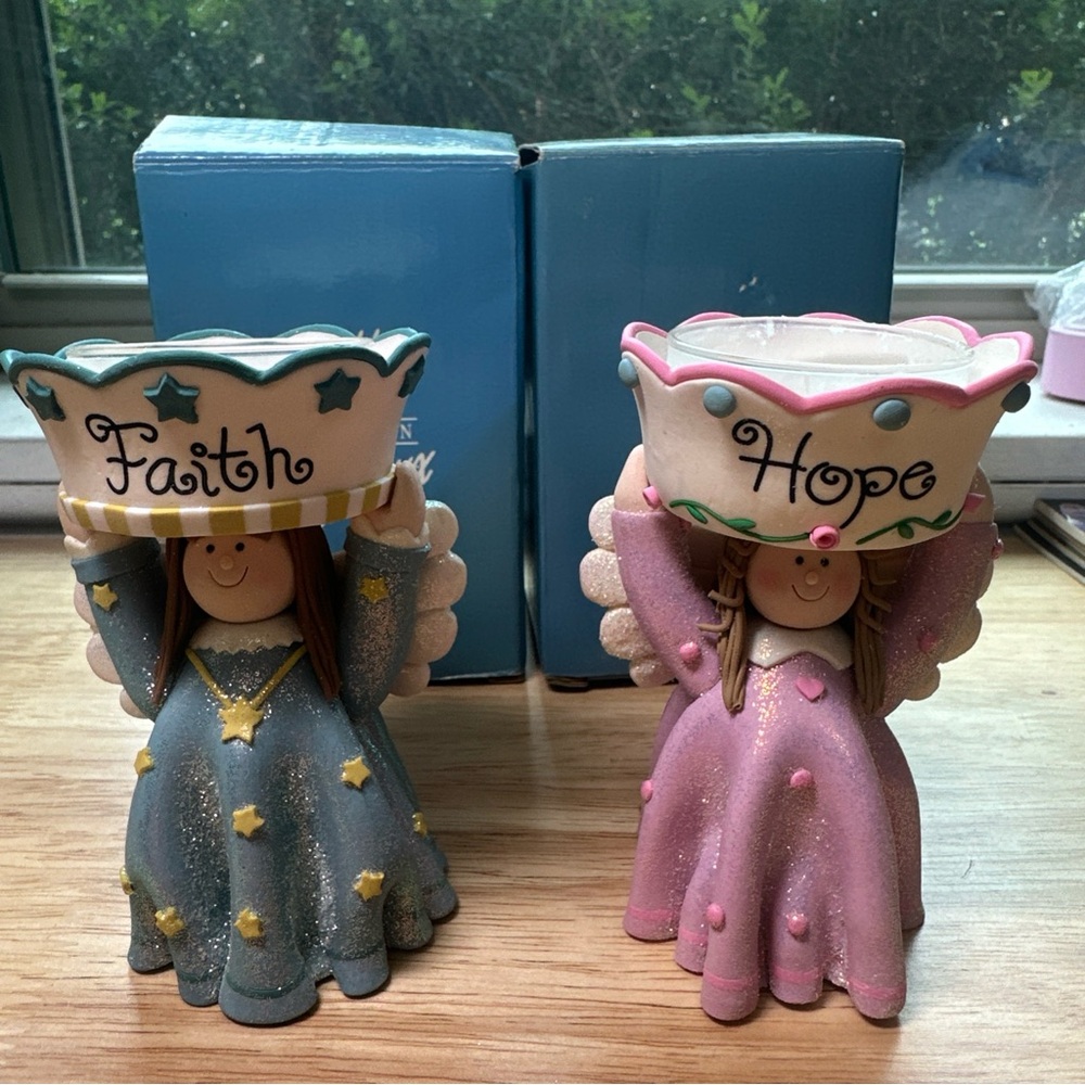 Avon Faith & Hope Angel Candle Holders - Blue and Pink